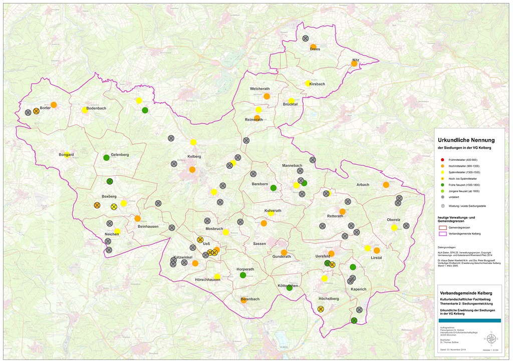 Karte der ersten urkundlichen Erwähnung der Siedlungen in der Verbandsgemeinde Kelberg (2014)