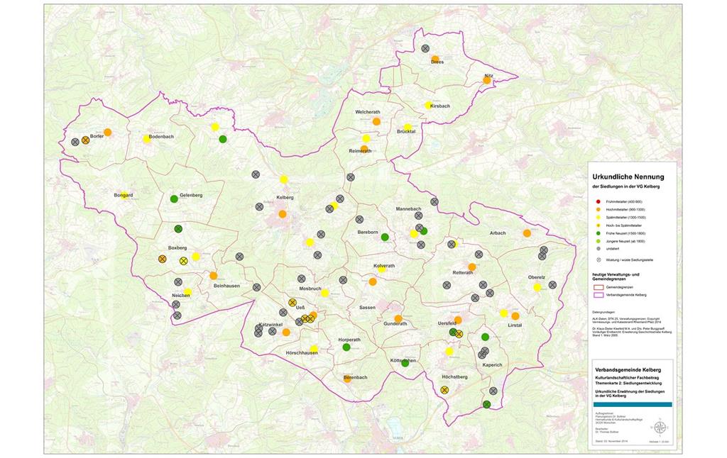 Karte der ersten urkundlichen Erwähnung der Siedlungen in der Verbandsgemeinde Kelberg (2014)