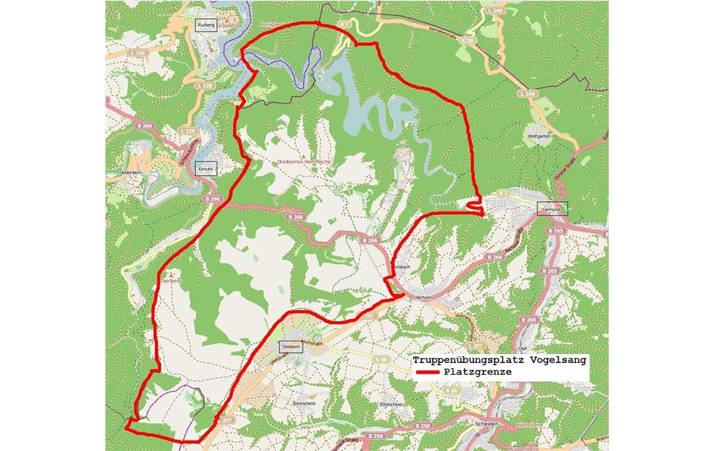 Lageplan des belgischen Truppenübungsplatzes "Camp Vogelsang" 1946-2005 auf dem Areal der ehemaligen "NS-Ordensburg Vogelsang" auf dem Berg Erpenscheid oberhalb der Urfttalsperre bei Schleiden-Gemünd (2012).