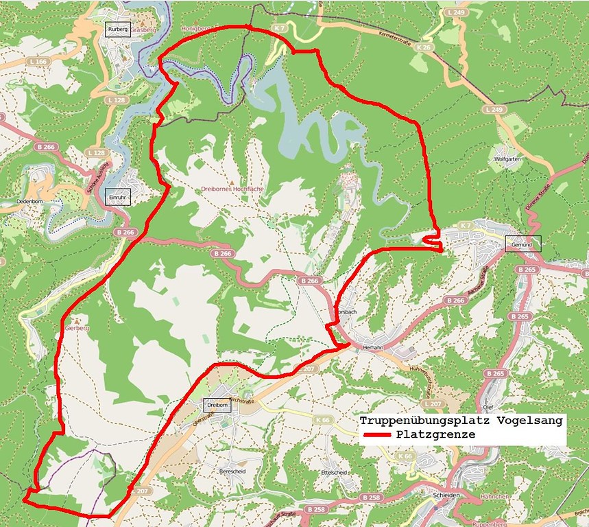 Lageplan des belgischen Truppenübungsplatzes "Camp Vogelsang" 1946-2005 auf dem Areal der ehemaligen "NS-Ordensburg Vogelsang" auf dem Berg Erpenscheid oberhalb der Urfttalsperre bei Schleiden-Gemünd (2012).
