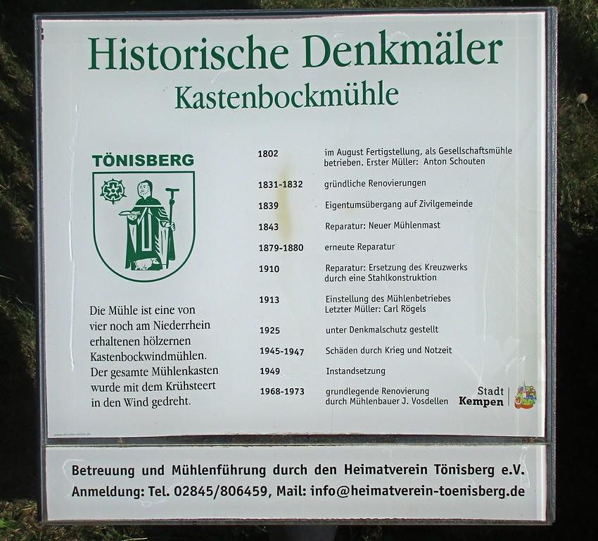 Informationstafel zur Kastenbockmühle "Tönisberger Mühle" in Kempen-Tönisberg (2017).