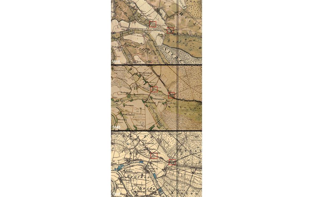 Ausschnitte historischer Karten zum Waldrand und den vorgelagerten Viehweiden an der Leucht; Tranchot Karte (1801-1828, oben), Preußische Uraufnahme (1836-1850, mitte), Preußische Neuaufnahme (1891-1912, unten).