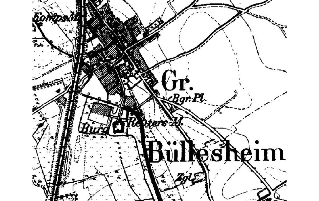 Ausschnitt der historischen Karte "Preußische Neuaufnahme 1891-1912" mit dem Bereich um das heutige Euskirchen-Großbüllesheim. Neben der Ortslage sind der jüdische Friedhof ("Bgr.Pl.") und die Burg Großbüllesheim zu erkennen.