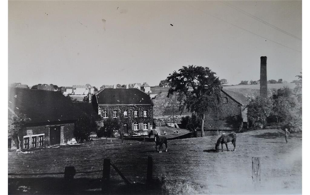 Historische Ansicht der Wetzels Mühle in Holthausen (undatiert). Das Mühlengebäude mit dem Schornstein befindet sich rechts im Bild.