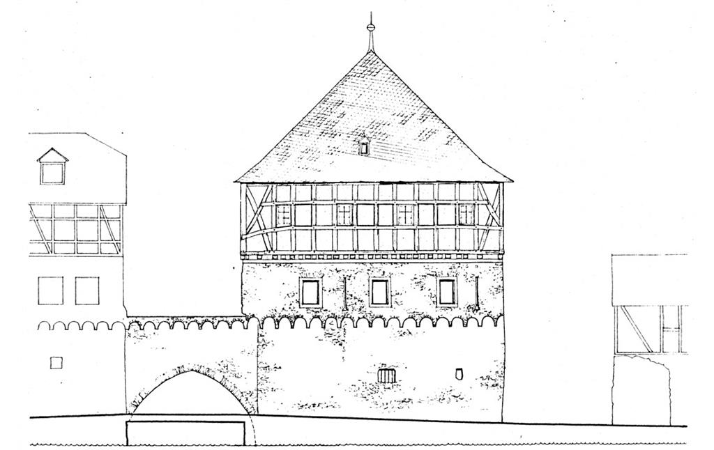 Bauzeichnung des Alten Rathauses in Dausenau von der Lahnseite aus (1978)