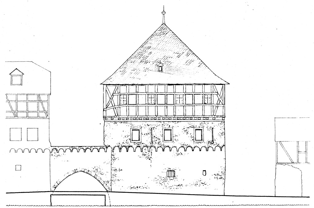Bauzeichnung des Alten Rathauses in Dausenau von der Lahnseite aus (1978)