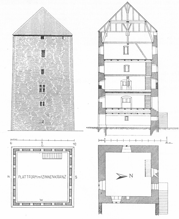 Schnitt und Grundriss des Wohnturms (1887)