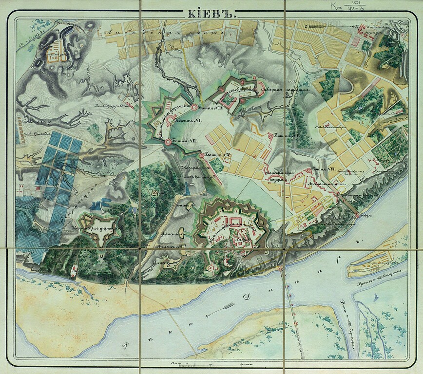 Kyiv Fortress in the center of a map showing Kyiv in the 1830s
