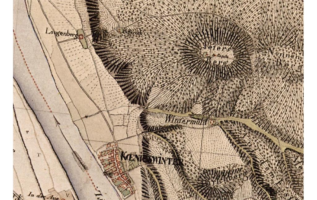 Ausschnitt einer historischen Karte der "Topographischen Aufnahme der Rheinlande" von Tranchot / von Müffling (1801-1828) im Bereich der Stadt Königswinter und des Petersbergs. Westlich des Petersbergs ist die historische Weinlage Pfaffenröttchen als "Pafferoth" eingetragen.