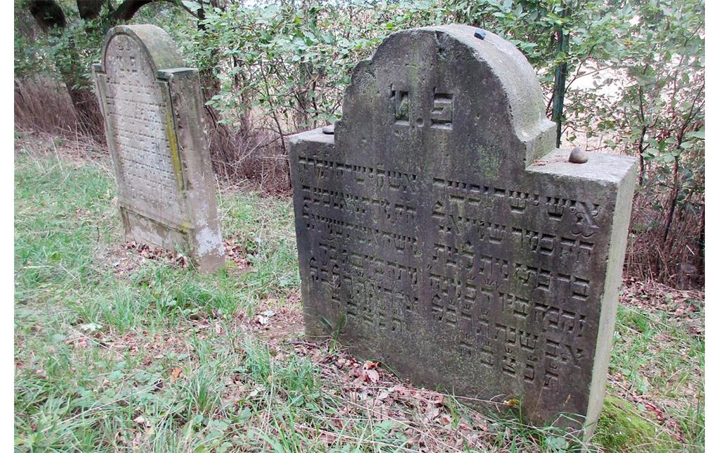Zwei samt ihren Inschriften gut erhaltene Grabsteine auf dem Gräberfeld des jüdischen Friedhofs in Mechernich-Lommersum (2020).
