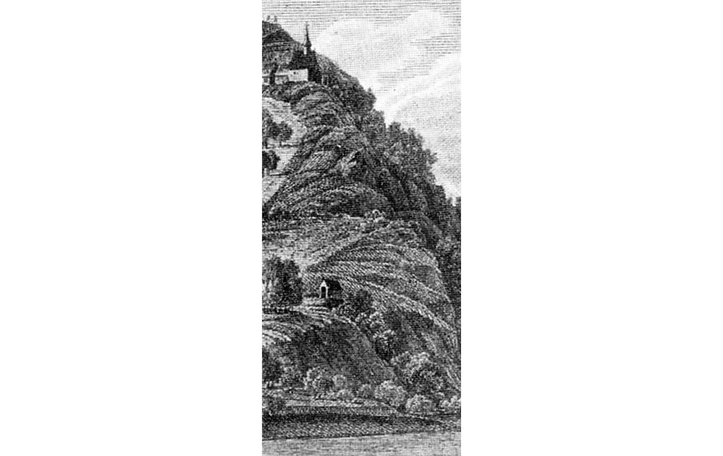 Der Treiser Zillesberg mit der Zilleskapelle und darunter dem so genannten "Pellenz-Heiligenhäuschen". Ausschnitt einer auf 1818 datierten Zeichnung des Landschaftsmalers Ernst Fries (1801-1833).