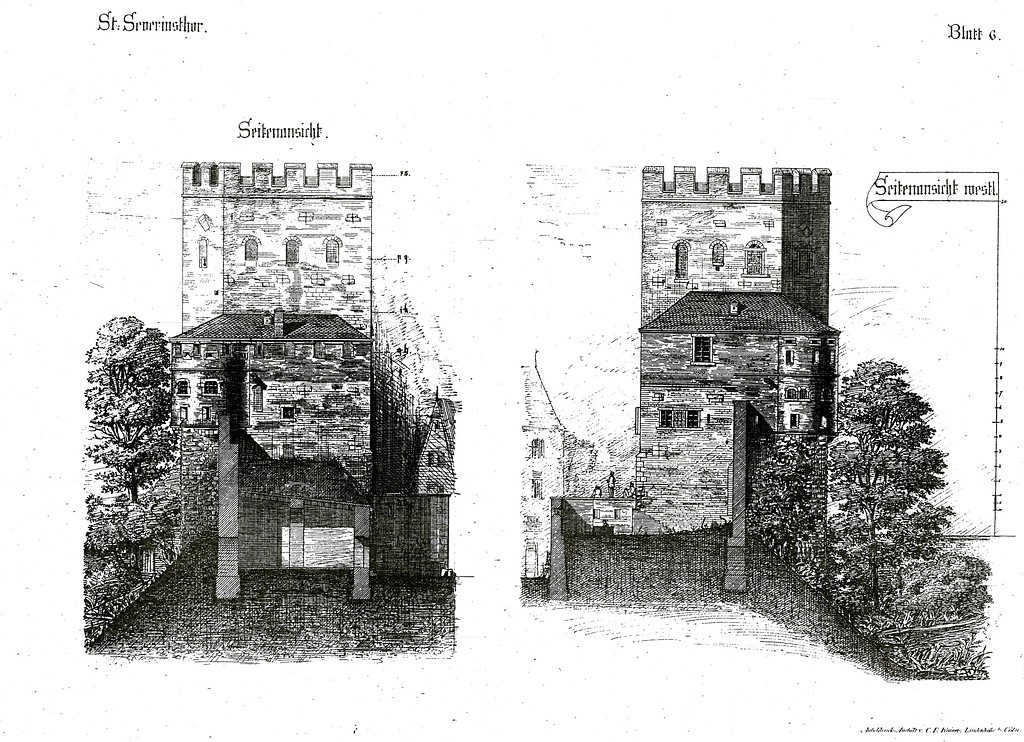 Seitenansicht der Kölner Severinstorburg (aus dem Band "Cölner Thorburgen und Befestigungen: 1180-1882" von 1884).