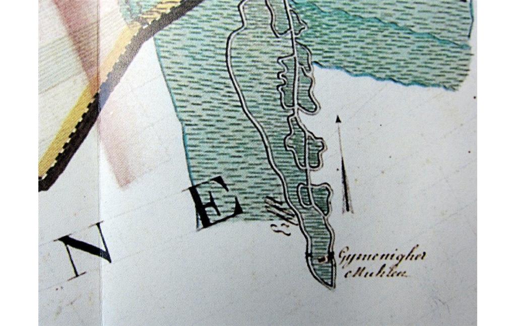 Die Gymnicher Mühle im Ausschnitt der "Karte der Herrschaft Kerpen 1777" (aufgenommen durch den Grafen Joseph Johann von Ferraris, hier aus dem Rheinischen Städteatlas).