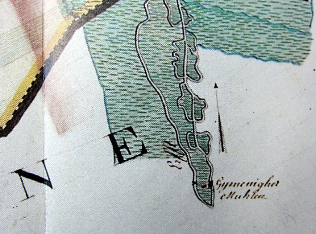 Die Gymnicher Mühle im Ausschnitt der "Karte der Herrschaft Kerpen 1777" (aufgenommen durch den Grafen Joseph Johann von Ferraris, hier aus dem Rheinischen Städteatlas).
