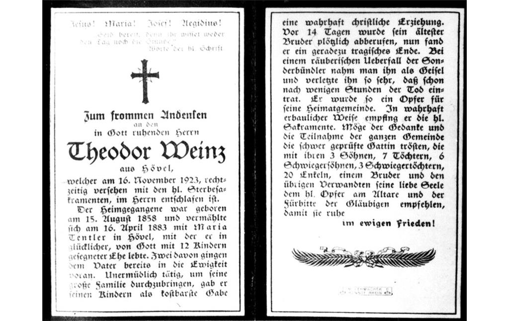 Totenzettel von Theodeor Weinz (1923)