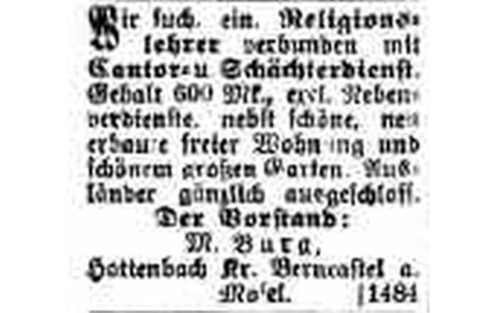 Historischer Zeitungsausschnitt aus der Zeitung "Israelit" mit Stellengesuch für eine Anstellung als Religionslehrer in der jüdischen Synagoge Hottenbach (um 1900)