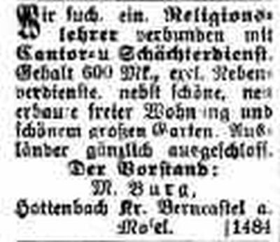 Historischer Zeitungsausschnitt aus der Zeitung "Israelit" mit Stellengesuch für eine Anstellung als Religionslehrer in der jüdischen Synagoge Hottenbach (um 1900)