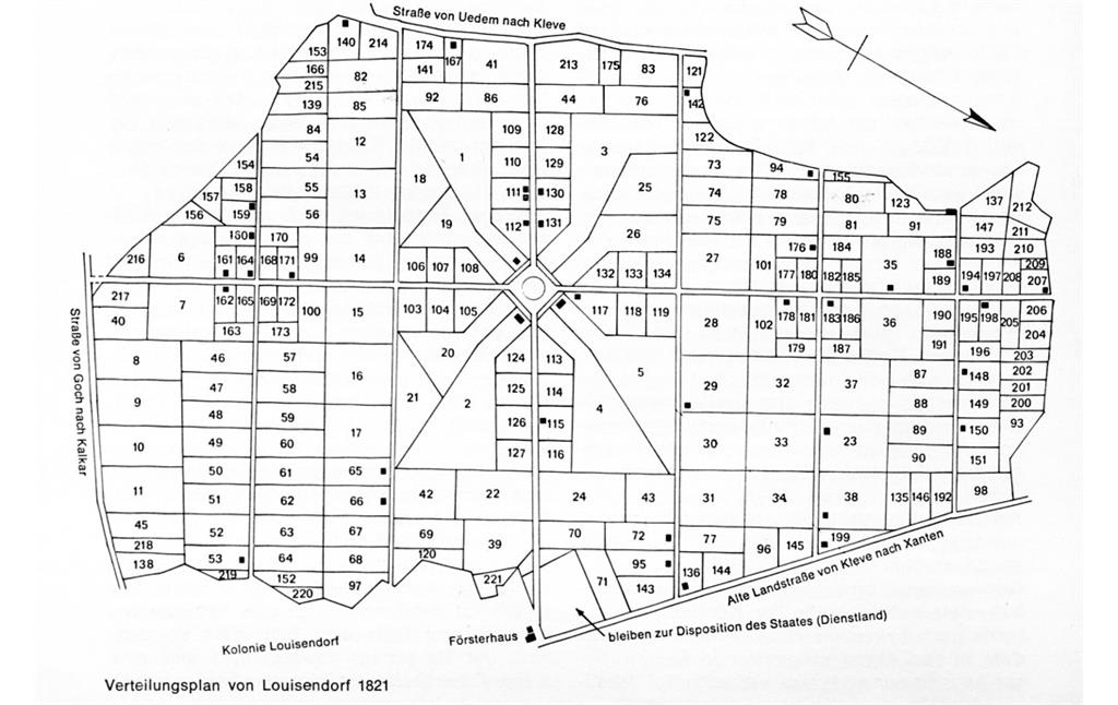 Moderne Umzeichnung des Verteilungsplans (Parzellenplan) für Louisendorf für das Jahr 1821.