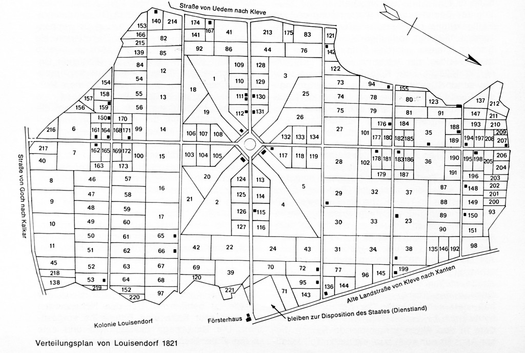 Moderne Umzeichnung des Verteilungsplans (Parzellenplan) für Louisendorf für das Jahr 1821.