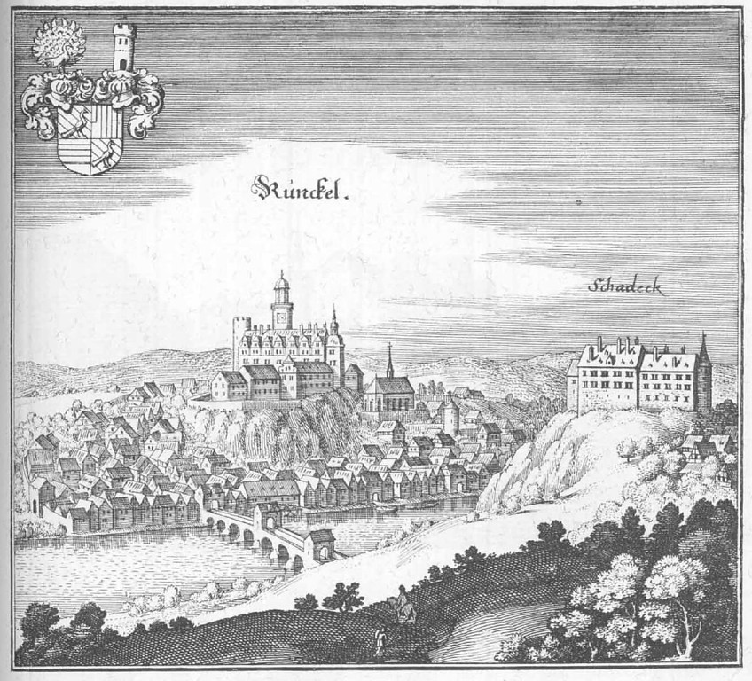 Matthäus Merians Kupferstich der Burgen Runkel und Schadeck im Lahntal (1655).