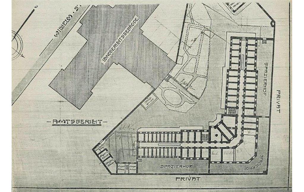 Historischer Lageplan der Haftanstalt Bonn und der angrenzenden Gebäude von Amts- und Landgericht (1955).