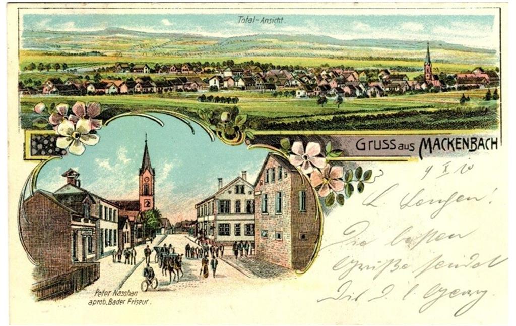 Historische Postkarte mit einer Ansicht des Ortes Mackenbach und eines Blicks in die Hauptstraße (1910)