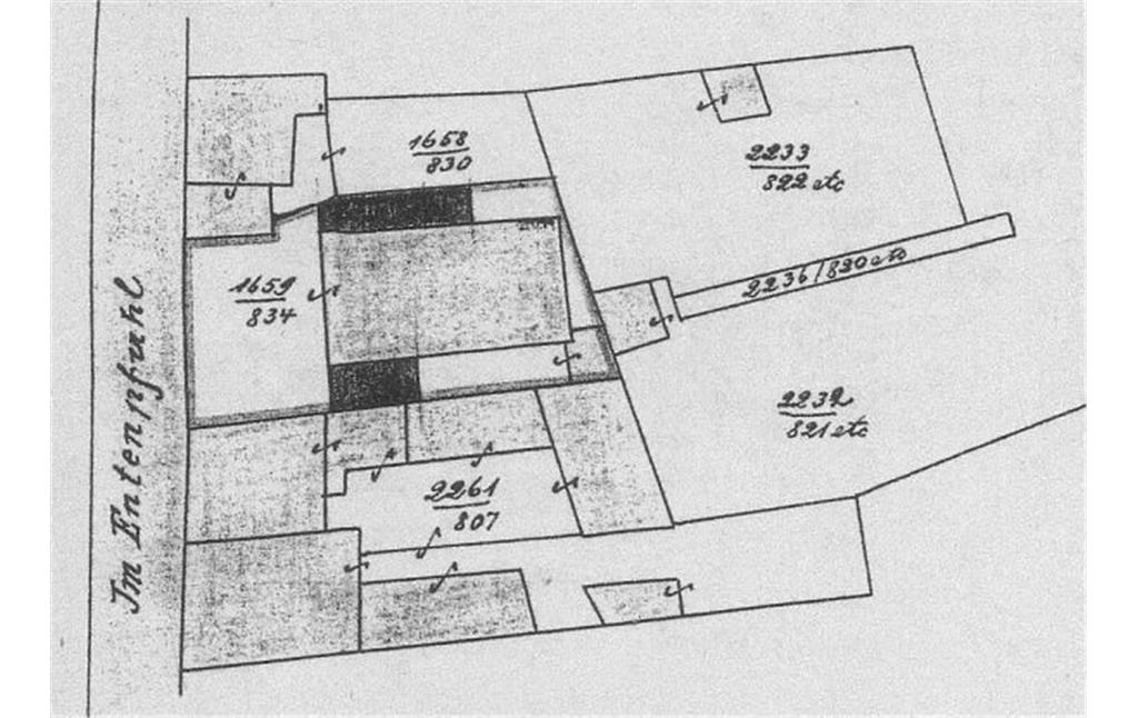 Undatierter historischer Lageplan mit der Parzelle der Mayener Synagoge "im Entenpfuhl".