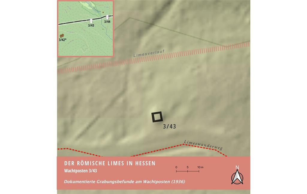 Limeswachtturm Wp 3/43 Auf der Weststeite der Emsbachschlucht östlich von Glashütten - Skizze der Grabungsergebnisse im Gelände