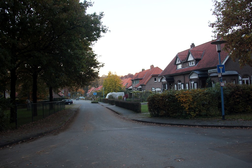 Wohnstraße mit Häusern im Gartenstadt-Stil mit Vor- und Hintergärten in der LVR-Klinik Bedburg-Hau (2015)