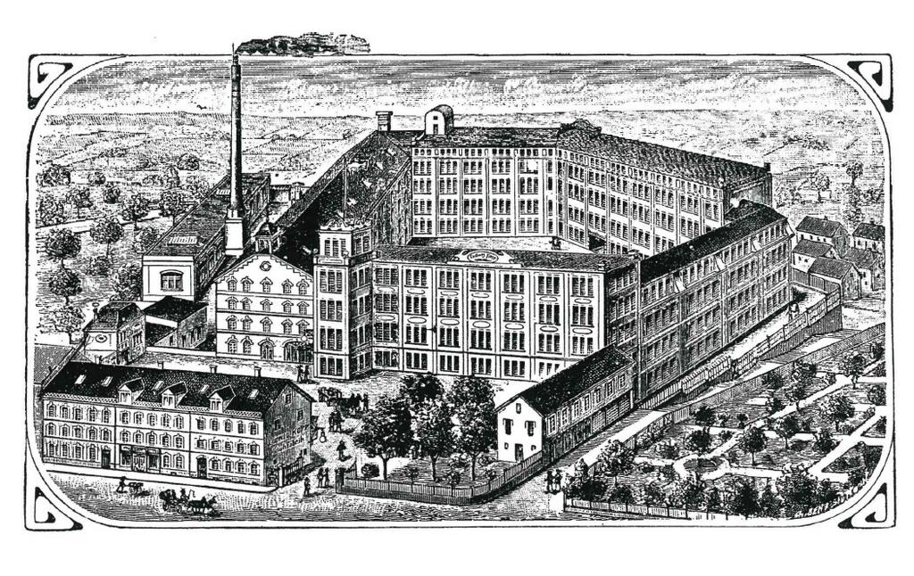 Briefkopf mit einer Darstellung des Fabrikgebäudes der Schuhfabrik Kopp in Pirmasens (um 1900)
