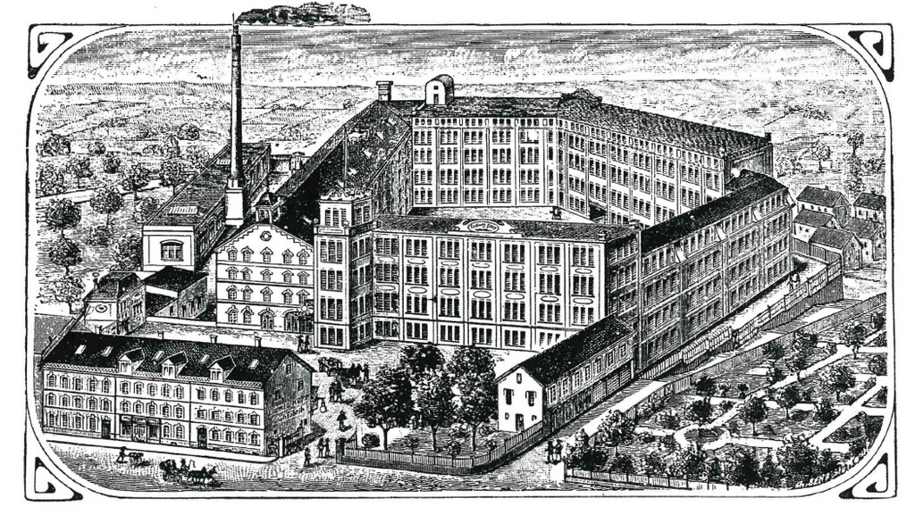Briefkopf mit einer Darstellung des Fabrikgebäudes der Schuhfabrik Kopp in Pirmasens (um 1900)