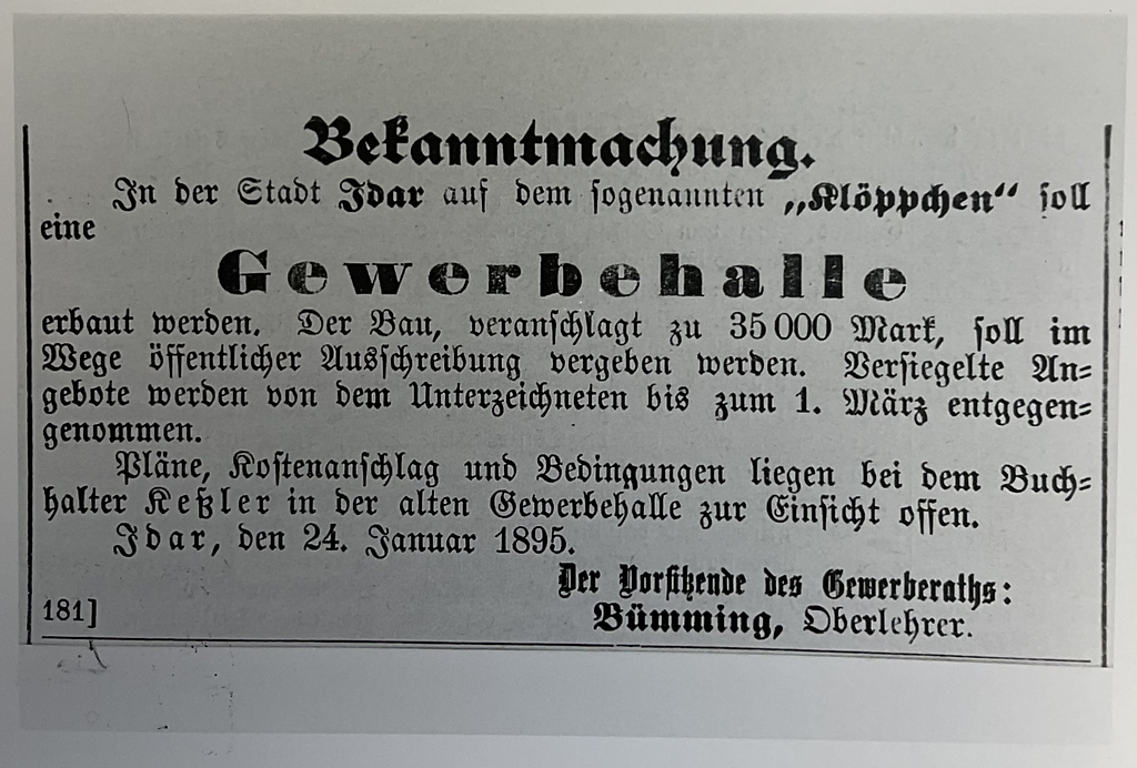 Bekanntmachung zur Erbauung der Gewerbehalle in Idar-Oberstein (1895)