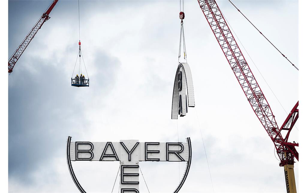 Die Demontage des Bayer-Kreuzes vom Dach des Werks in Krefeld-Uerdingen mithilfe von großen Kränen (19. November 2016).