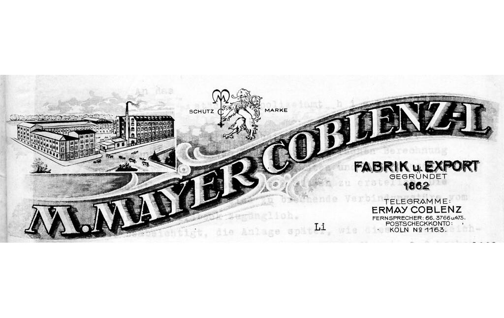 Briefkopf der Fabrik M. Mayer Coblenz-L. [Lützel], später Mayer-Alberti, aus dem Jahr 1928.