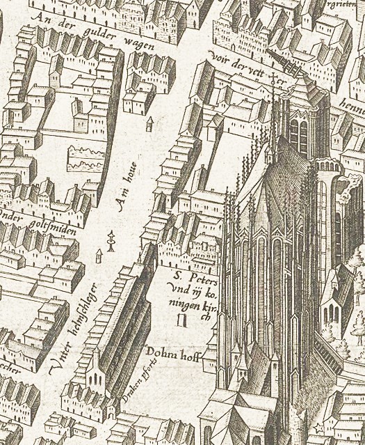 Kölner Stadtplan von Arnold Mercator 1571 im Bereich des Doms, des Domhofs und des südlichen Domvorfelds.