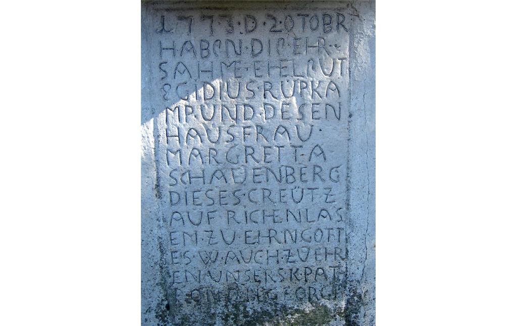 Inschrift im Sockel des Bildstocks an der Ecke Brandstraße / Heidegraben in Altenrath (2011)