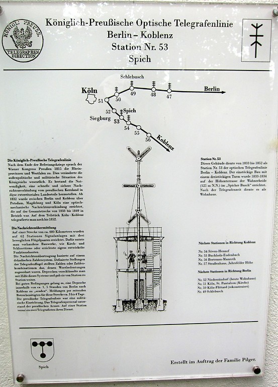 Darstellung der früheren Telegrafenstation Nr. 53 der Telegrafenlinie Berlin-Koblenz am heutigen Forsthaus Telegraf in der Wahner Heide (2011)