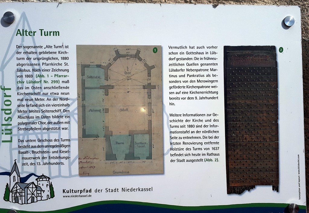 Informationstafel zur Geschichte des "Alten Turms" in Niederkassel-Lülsdorf (2018).