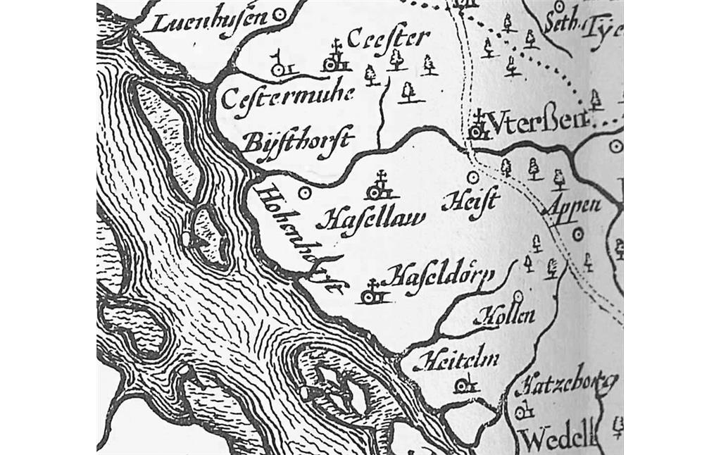 Burg und Gut Haselau in einer Karte von 1652