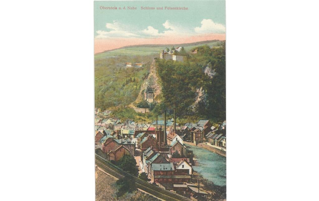 Historische Fotografie (coloriert) mit dem Blick auf die Fabriken an der Nahe im Stadtteil Oberstein (1906)