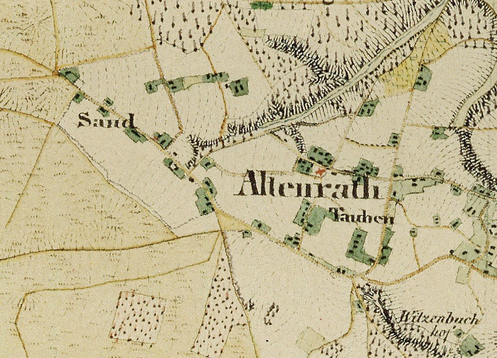 Der Bereich um das heutige (Troisdorf-) Altenrath auf der historischen Karte der preußischen Uraufnahme von 1836-1850. Links im Kartenausschnitt ist noch die untergegangene ehemalige Siedlung Sand zu sehen.