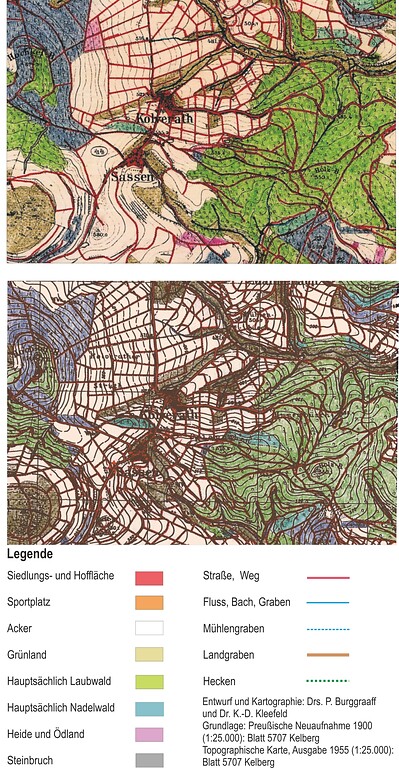 Landnutzungskarten der Gemeinden Kolverath und Sassen, Ausbau des Wegenetzes, (Vergleich der Zustände von 1900 oben und 1955 unten)