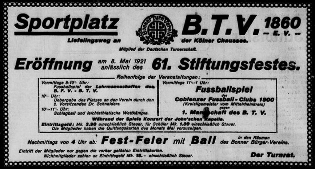 Zeitungsanzeige im General-Anzeiger vom 7. Mai 1921 anlässlich der Eröffnung des Sportplatzes am Lievelingsweg in Bonn am 8. Mai 1921.