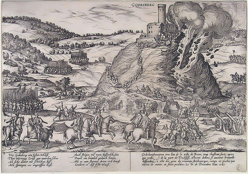 Kupferstich von Frans Hogenberg: Die Zerstörung der Godesburg im Truchsessischen Krieg 1583.