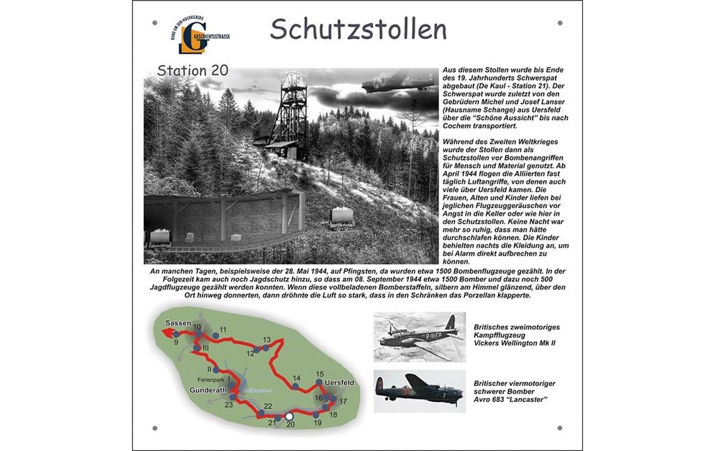 Informationstafel: Geschichtsstraße Abschnitt 1: Route Uersfeld-Gunderath, Station 20 Schutzstollen.