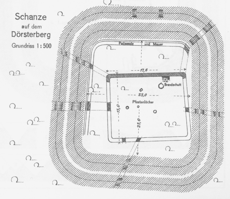 Grundrisszeichnung des Kleinkastells Dörsterberg bei Heidenrod-Laufenselden im Rheingau-Taunus-Kreis nach den Untersuchungen der Reichs-Limeskommission (1:500, vor 1936)