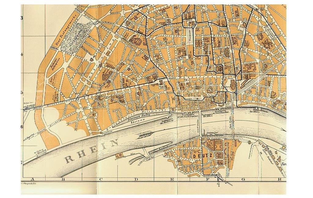 Ausschnitt eines Stadtplans von Köln und Deutz mit den Linien der Pferdebahn (1888).
