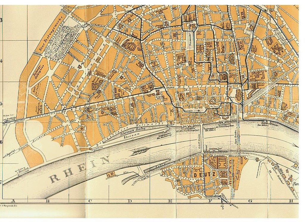 Ausschnitt eines Stadtplans von Köln und Deutz mit den Linien der Pferdebahn (1888).