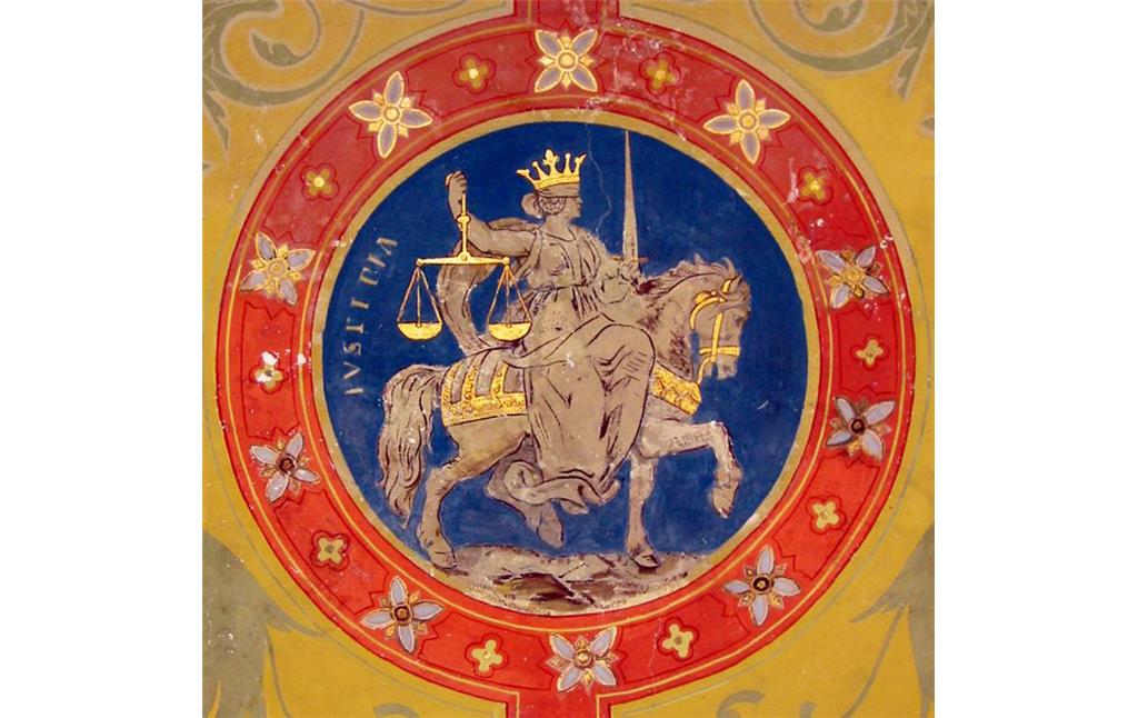 Detail eines Deckengemäldes in der Reichsburg Cochem (2002). Als Allegorie dargestellt ist die "Justitia" (lateinisch für Gerechtigkeit).