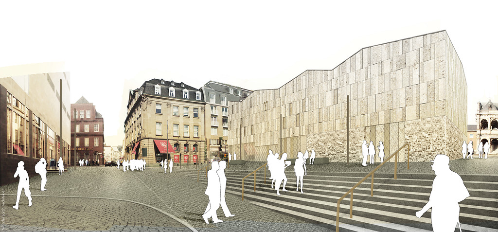 Simulation des künftigen LVR-Jüdischen Museums im Archäologischen Quartier Köln, Blick von Obenmarspforten auf das "MiQua" (2009)